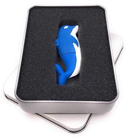 Onwomania Delfin Fisch Ozean Tier in Blau USB Stick in Alu Geschenkbox 128 GB USB 3.0