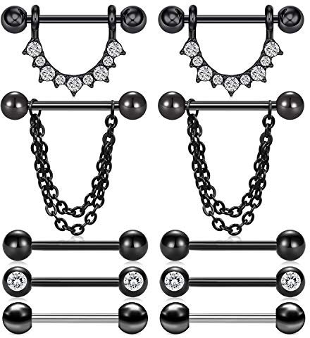 incaton 14G Piercing Téton Mamelon en Acier Chirurgical Anneaux de Langue Téton Mamelon Bijoux de Piercing Femme Homme (5 Paires - Noir)