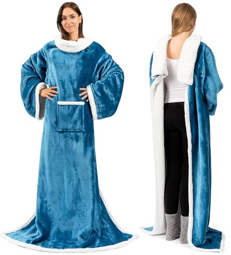 PAVILIA Sherpa Fleece Wearable Blanket with Sleeves for Adult Women Men | Blanket with Arms Pocket Throw for Couch Sofa Home | Cozy Warm Super Soft Plush Lightweight (Teal Blue)