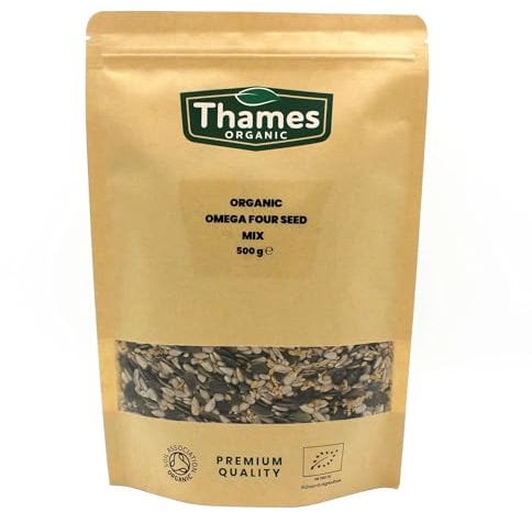 Organic Omega Four Seed Mix -500g- Pumpkin, Sunflower, Sesame, Flax - No Additives, No Preservatives, High Fibre, High Protein, Raw Whole Seeds, Vegan, GMO Free, Certified Organic - Thames Organic