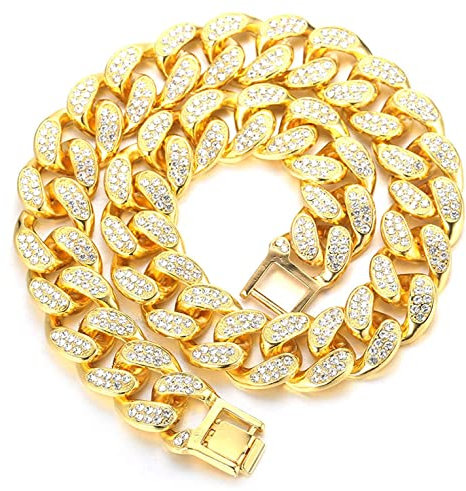 Kubanische Kette Herren Iced Out,20MM Herren Goldkette Miami 18 Karat Echt Vergoldet Halsband Halskette 40cm,Volle Cz Diamant Schnitt Zinken-Set,Geschenk für Ihn