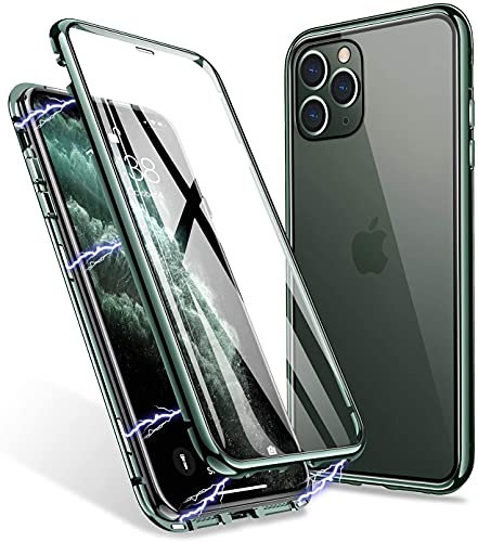 LONYAN Compatible with iPhone 11 Pro Max Case, Magnetic Adsorption Protective Hard Case Front and Back Tempered Glass Full Screen Coverage One-Piece Design Flip Cover (Midnight Green)