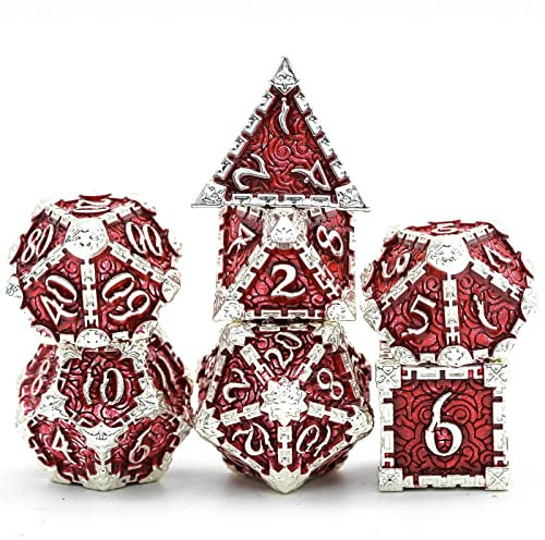 World of Dice - Deadly Dagger Serie - Pen & Paper Metallwürfelset, Würfelset für Dungeons and Dragons, DSA, 7 Würfel, W4 bis W20 (ohne Etui, Red&White)