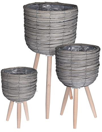 Spetebo 3er Set Rattan Blumenständer grau - Ø 30 cm / 25 cm / 21 cm - Pflanztopf auf Holz Beinen direkt bepflanzbar - Deko Blumen Topf Pflanz Kübel