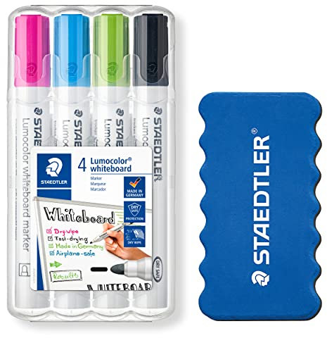 STAEDTLER Whiteboard Marker Lumocolor, ca. 2 mm Linienbreite, trocken und rückstandsfrei abwischbar von Whiteboards, hohe Qualität, Set mit 4 sortierten Farben inklusive Schwamm, 351WP4-1P1X