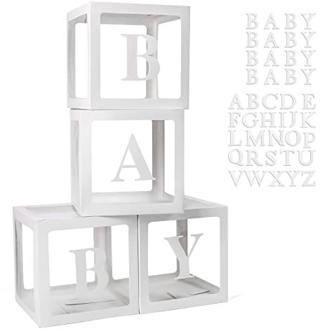 Voircoloria Baby-Boxen mit 42 Buchstaben für Babyparty, transparente Ballonboxen, klare Ballonbox-Blöcke für Jungen und Mädchen, Geschlecht offenbaren, Party und Geburtstagsfeier (weiß)