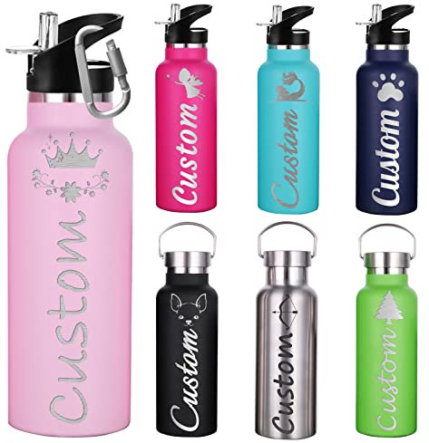 WBgjsnklbnl Botellas de agua personalizadas con popote para deportes, botella de agua aislada con nombre grabado para mujeres y hombres (12 onzas/26 onzas)
