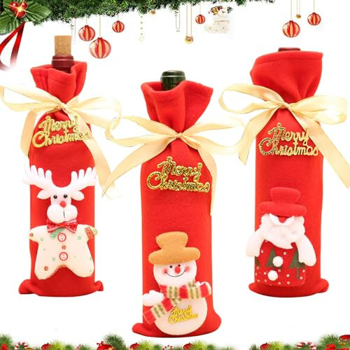 3 Stück Weihnachten Weinflaschen Taschen, Weihnachten Weinflasche Abdeckung, Weihnachten Weinflaschen Geschenktüten, Weihnachtsmann/Schneemann/Elch Rotwein Taschen für Weihnachten Tisch Dekorationen