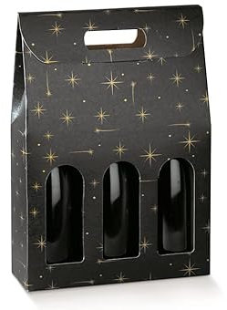 5 cajas para 3 botellas de vino negro con estrellas modelo Burdeos, borgoñoche robustas extrañas navideñas de cartón acoplado y asa exterior de 27 x 9 x 38,5 h constellation