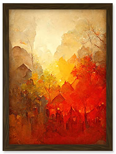 Doppelganger33 LTD Hidden Village Autumn Forest Warm Glow Watercolour Artwork Framed Wall Art Print A4