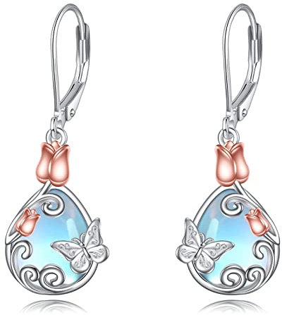 Mondstein Ohrringe 925 Sterling Silber Schmetterling Blume Leverback Baumeln Tropfen Ohrringe Schmuck Geburtstag Geschenke für Damen Mädchen (Schmetterling)