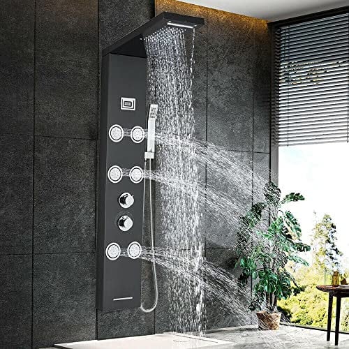 NEWCES Schwarzer Edelstahl-Duschpaneel-Turm-Regenfall-Wasserfall-Duschkopf mit Massagedüsen Body System Jet