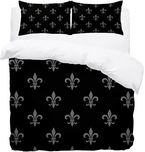 Parure de lit simple avec housse de couette et taies d'oreiller en microfibre douce Motif fleur de lys Gris