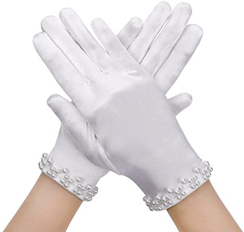 Weiße Braut Hochzeit Handschuhe Kurze Damen Satin Handschuhe Fäustlinge Vintage Riemen Perlen Zeremonie Handschuhe Damen Mädchen Teeparty Hochzeit Halloween Party Zubehör