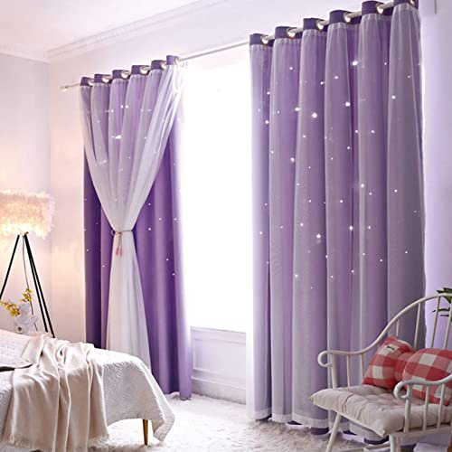 Lanqinglv Verdunkelugsvorhang Kinderzimmer Gardienen 2er Set Sterne Verdunkelung Vorhänge Blickdicht mit Ösen Mädchen Voile Farbverlauf Gardinen Violett (H 213 x B 132 cm)