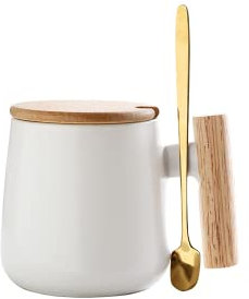 12 Oz Ceramic Coffee Mug with Wooden Lid and Gold Spoon - Milk Tea Cup for Office and Home, Funny Gifts for Lovers and Christmas (White)