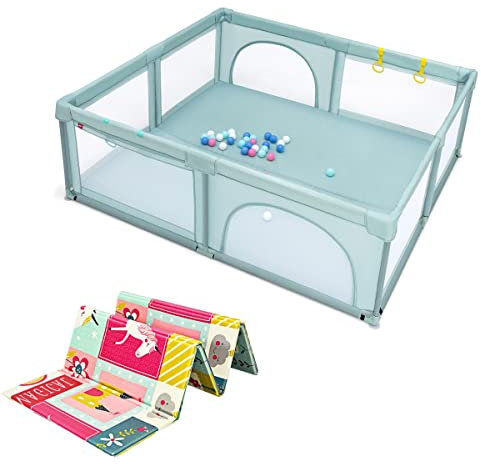 DREAMADE 206 X 185CM Laufstall Baby, Laufgitter Faltbar mit 50 Bällen & 4 Griffe, Schutzgitter mit 2 Türen, Krabbelgitter Indoor & Outdoor (Blau, mit Rosa Matratze)