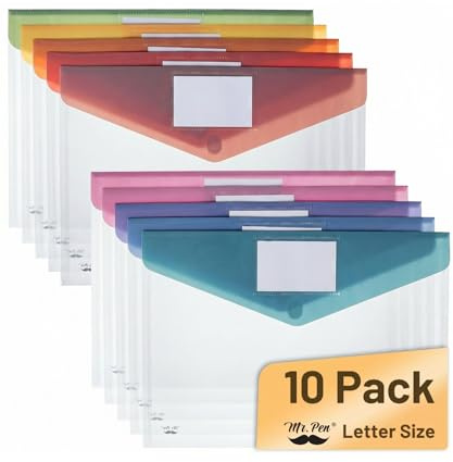 Mr. Pen- Clear Plastic Envelopes File Folders, 10 Pack, A4, Letter Size, Colorful Flaps, Clear Folders for Documents Plastic Poly Envelopes with Label for School, Home, Work, Office, Organizer