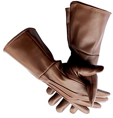 VISTOSO Premium Stulpen Mittelalter Kostüm Cosplay Lange Manschette Echt Leder Handschuhe, Braun, Small