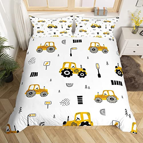 Maschinerie Lkw Bettwäsche Sets 135x200 Gelbe Auto Tröster Abdeckung,Ausrüstung Fahrzeuge Bett Bauernhof Traktor Bettbezug,Kinder Weiß Gelb Cartoon Thema Quilt Cover (Reißverschluss Verschluss)