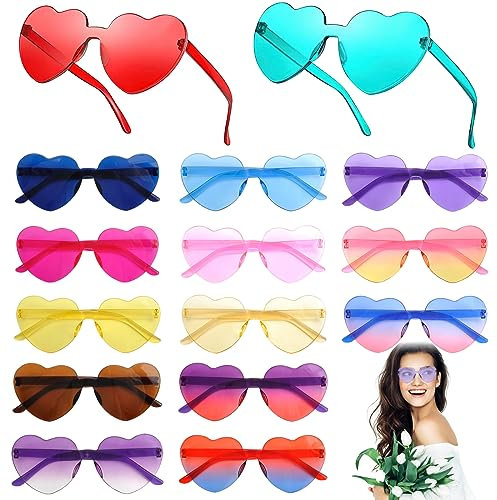 15 Paar Randlose Sonnenbrillen in Herzform,Festival Hippie Brille Damen, Herz Sonnenbrille & Partybrille Set,Lustige Sonnenbrille & Party Brillen für Erwachsenen- und Kinderparty,Regenbogen,Maskerade