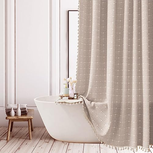 Farmhouse Plaid Duschvorhang – Boho Modern Leinenstoff Duschvorhänge für Badezimmer, Chic Cute Cottagecore Dickes Badezimmer-Vorhang-Set mit Quaste – Böhmischer Stoff-Duschvorhang, extra lang, 183 x