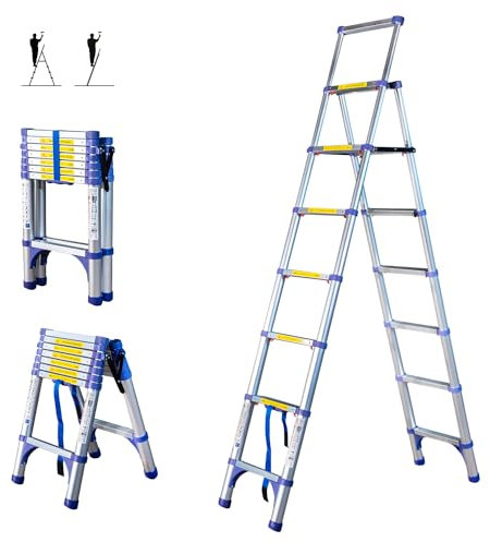 Escalera telescópica de 8 escalones EXTENDACT8, Escalera telescópica 2,3m+2m, Escalera Plegable telescópica, Altura máxima de Trabajo 3,8m, Garantía de 5 años, Hostrom