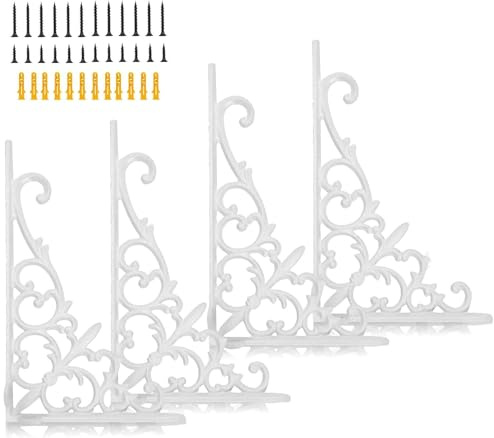 Z Metnal Decorative Shelf Brackets, White Cast Wrought Iron Metal Mailbox Bracket, 90° Right Angle Victorian Brackets, Wall Decor, Modern Shelving Bracket for DIY Floating Shelves, 4 Pcs