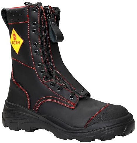 ELTEN Feuerwehrstiefel Euro Proof F2A, Damen und Herren, Leder, Stahlkappe, robust 41, Schwarz|Rot