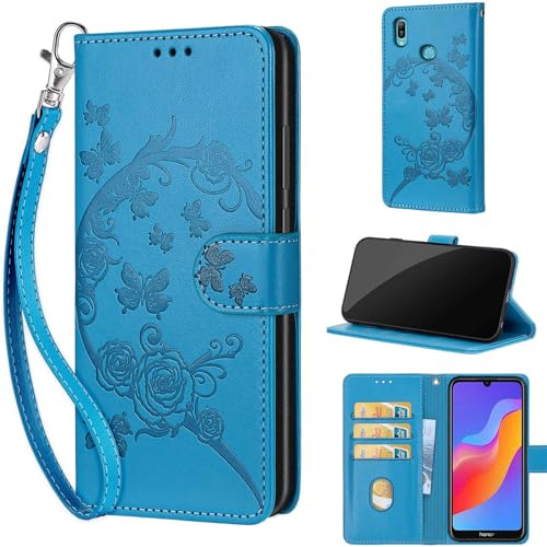 TOMYOU Handyhülle für Honor Y6 2019 / Honor 8A Hülle, Schmetterling Blau | Stoßfeste Flip Schutzhülle, Kartenfächer, Standfunktion,Magnetisch, Kunstleder, Klappbar Brieftasche