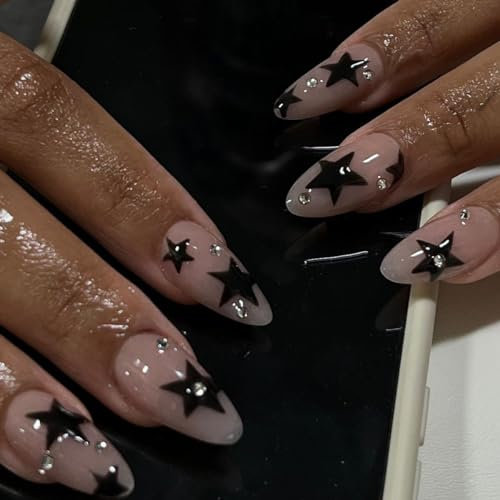 Faux Ongles Court MouyouGlow,Amande Nude Noir Étoile Muster Strass Y2K Press on Nails avec Colle à Ongles,Black Star Fake Nails