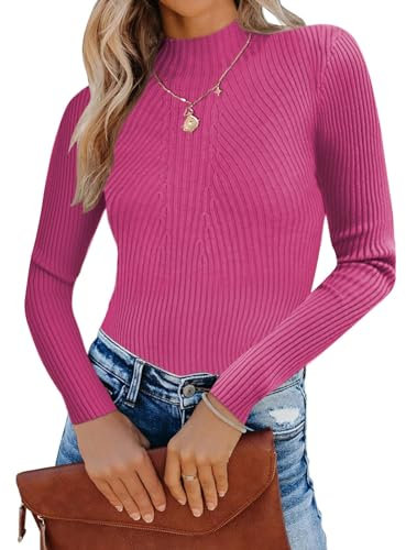 Famulily Women's Slim Fit Turtleneck Pullover Ribbed Jumpers Long Sleeve Stretchy Sweater (M, Rose Red)