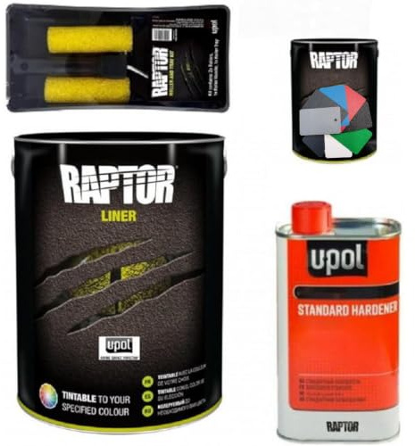 Raptor Liner Lack, alle RAL Farben. 1,1 L (0,75+0,25+0,1) Gebinden + Rollen Set. 2K Fahrzeug & Transportflächen Beschichtung. Upol. (RAL 8019 Graubraun)