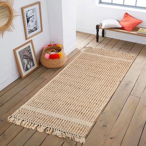 Chardin Home 2x5 Jute Baumwolle handgewebt Teppich mit geknoteten Fransen Geflochtener Boucle Läufer Boho Rustikal Natur Jute Sand Bauernhaus Vintage Bereich Teppiche für Flur Eingangsbereich