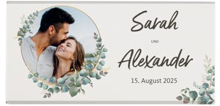 Herz & Heim® Foto-Schokolade mit Wunschtext als kleines Geschenk zum Geburtstag, für die Freundin oder zu Weihnachten (Eukalyptus)