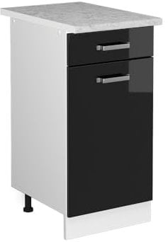 Vicco Kitchen base cabinet Raul, Black high gloss/White, 40 cm, WT Marble