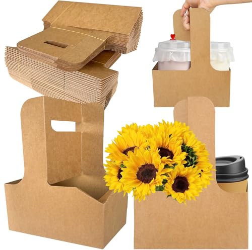 LAIAMER 50 Pack 2 Cup Drink Carrier with Handle, Brown Kraft Paperboard Cup Holder for Delivery, Coffee, Tea, Gifts, Flowers, Parties