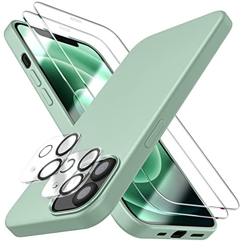 Dssairo [5 in 1 für iPhone 12 Hülle/iPhone 12 Pro Hülle 6.1, mit 2 Pack Displayschutzfolie + 2 Pack Kameraobjektivschutz, Flüssigsilikon Slim Stoßfest Schutzhülle Handyhülle(Mintgrün)