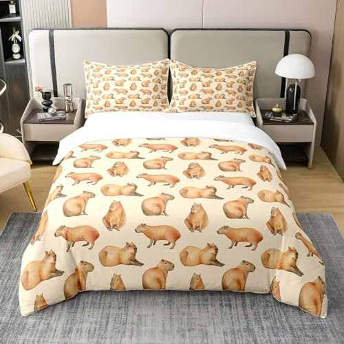Loussiesd Braun Capybara Bettwäsche Set 135x200cm 100% Baumwolle Cartoon Capybara Betten Set Floral Capybaras für Kinder Mädchen Jugendliche Bettbezug Set Witzig Niedlich