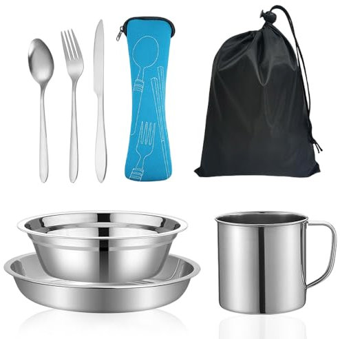 Camping Geschirr 1 Person, Edelstahl Camping Besteckset für Camping, Picknick, Eingedicktes Material, Tragbar und Langlebig, Umfassen Messer Gabel Löffel Teller Schüssel Tasse mit Aufbewahrungstasche