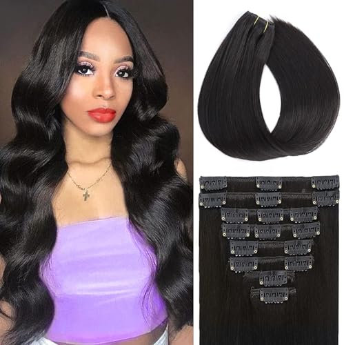 Doupor Clip in Extensions Echthaar Schwarz Haarverlängerung Echthaar Clip Natürlich Echthaar Extensions Clip in Extensions in der Farbe,50cm,8Stücke,Schwarz natur 1B