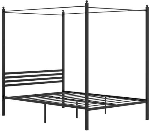 GOPLUS Estructura de Cama con Dosel de Metal, Marco de Cama con Cabecera y Espacio de Almacenaje Bajo la Cama, Estructura de Lamas Sólidas, 200x140 CM, Negro