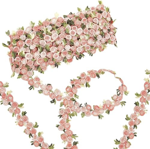 FENGCHUANG 5 Yards / 4,57 Meter Spitzenborte Blumen, 20mm Florale Spitzenborte Blumenband Rosa Dekoband Stickerei Blümchen Zierband für Nähen Handwerk Hochzeit Deko Geschenkbox