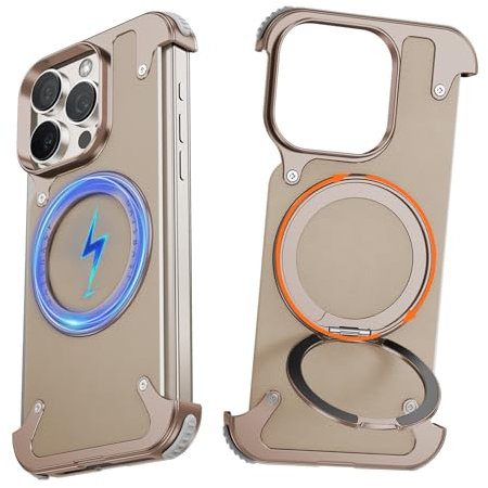 NIFBANG Leder Hülle für iPhone 16 Pro mit Kickstand,360°Drehbar Magnetisch Stander,Luxus Slim Anti-Fingerabdruck Handyhülle,Rahmenlose Stoßfest Schutzhülle für 16 Pro Bumper Case,Desert Titanium