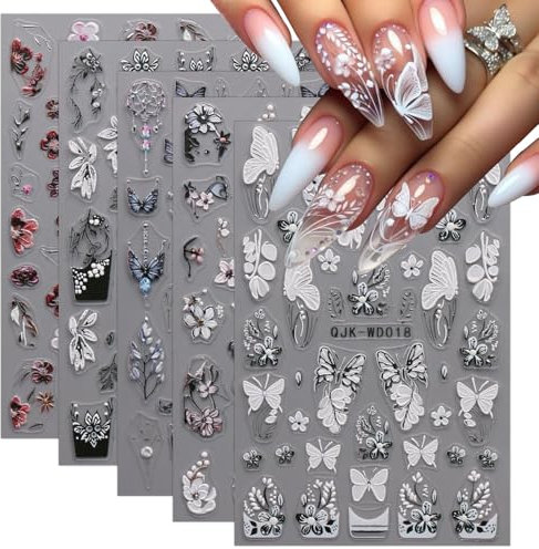 JMEOWIO 6 Sheets Black White Flower Nail Art Stickers Decals Self-Adhesive Summer Floral Spring Nail Supplies Nail Art Design Decoration Accessories