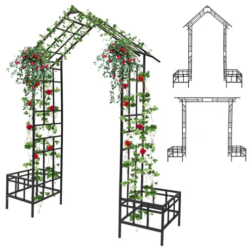 Kalolary Cenador de jardín de metal 2 en 1 con caja para plantas, 8 pies en forma de casa, enrejado de arco de jardín para plantas trepadoras, arco de pérgola de acero resistente para bodas, fiestas