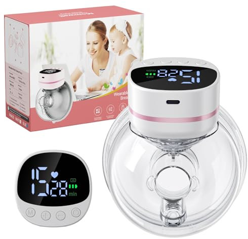 Wearable Breast Pumps Hands Free, Leak-Proof Electric Breast Pumps 5 Modes 15 Levels with LCD Dispaly, Low Noise Painless Wearable Breastfeeding Milk Pump, BPA Free (Pink & White)