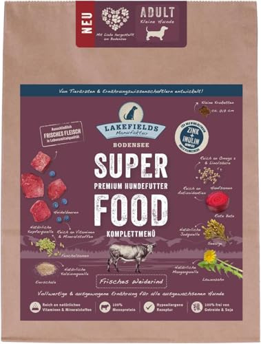LAKEFIELDS MANUFAKTUR - SUPER Food - Premium Hundefutter trocken, Weiderind 60%, getreidefreies Trockenfutter für kleine ausgewachsene Hunde, Alleinfutter mit Rindfleisch & Roter Beete, Größe:3 x 1 Kg