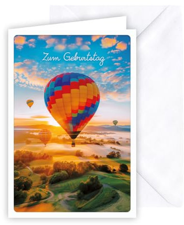 KE - Strahlende Glückwunschkarte zum Geburtstag - Weißer Umschlag - Farbenfroh - Motiv: Heißluftballon und Sonnenuntergang