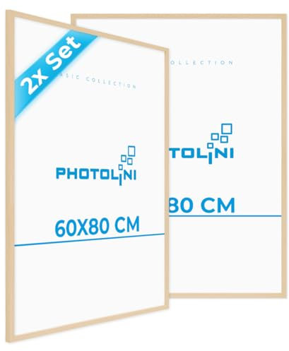 PHOTOLINI Bilderrahmen 60x80 Holz Natur aus MDF, 2er Set Poster-Rahmen, bruchsicheres Acrylglas, zum Aufhängen, extra Zubehör - für Fotos & Poster